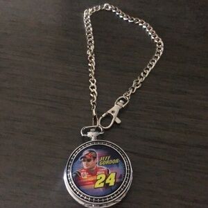 Jeff Gordon pocket watch silver with clip on chain (NEEDS NEW BATTERY)